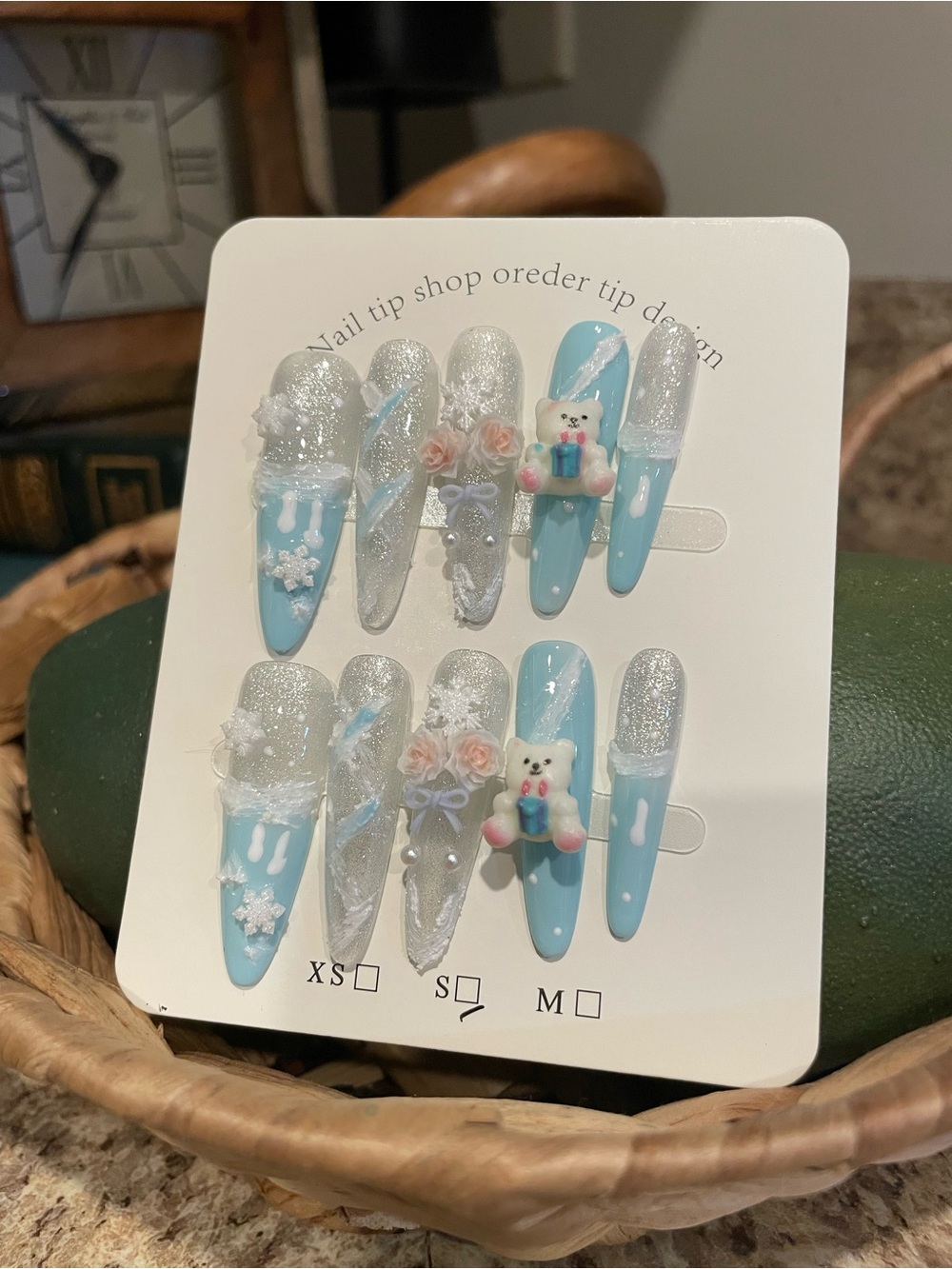 Long winter Blue & Silver  3D Bear Nail Tip Set